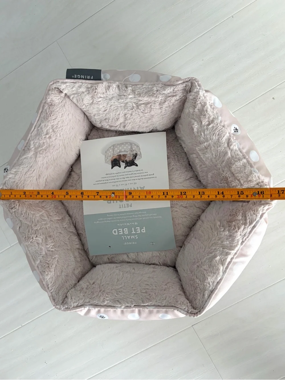 Fringe Studio Plush Hexagon Pet Bed w/Polka Dot Print and Cozy Beige Interior.